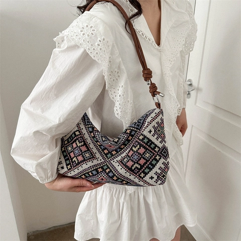 Γυναικεία Ethnic Jacquard Τσάντα Ώμου από Νάιλον Μεγάλη Χωρητικότητα Γεωμετρικό Μοτίβο Hobo Tote Bag Vintage Casual Καθημερινή