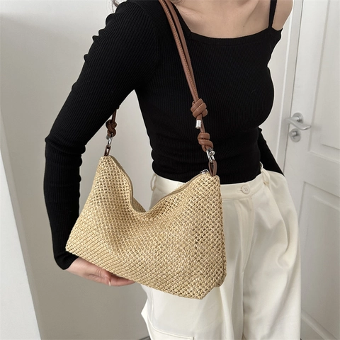 Bolso de Hombro de Paja Tejida Estilo Bohemio Bolso Hobo Con Correa de Hombro con Nudo Gran Capacidad Verano Casual Mujer