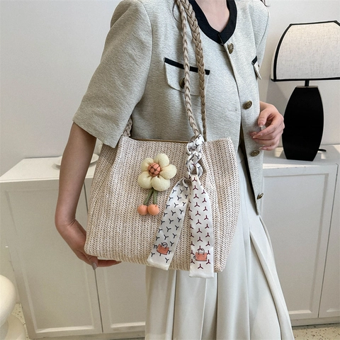 Bolso Tote de Paja Tejida para Mujer de Gran Capacidad Con Colgante de Flores y Bufanda de Seda para Vacaciones