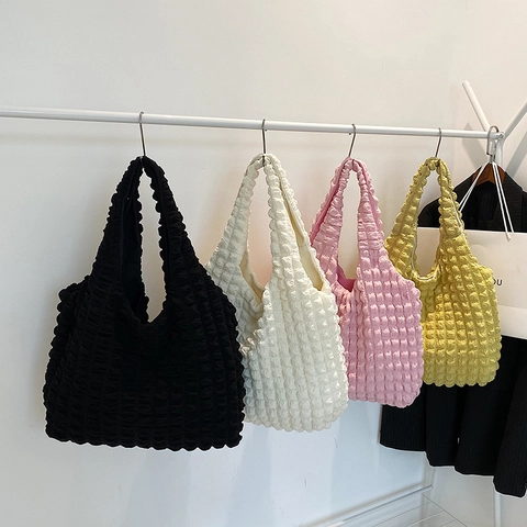 Sac Cabas Femme Texture Pop-corn Grande Capacité Décontracté en Tissu Plissé Sac à Bandoulière Souple pour Voyage Quotidien