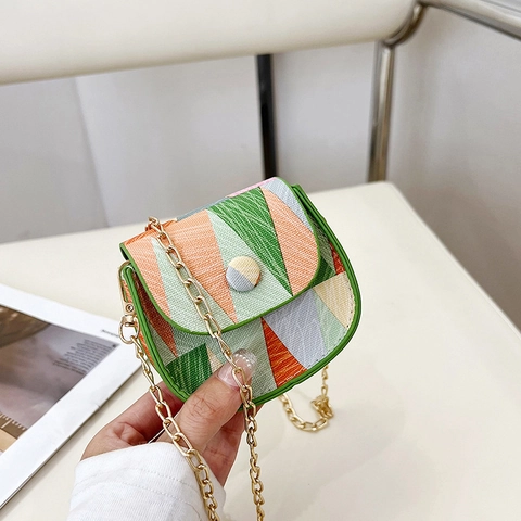 Mini Geometric Patchwork Chain Crossbody Bag For Women Trendy Contrast Color PU Leather Shoulder Small Square Bag Gift