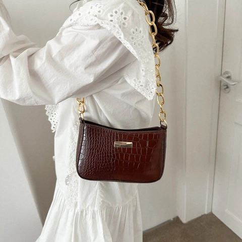 Sac Sous le Bras en Cuir PU Motif Crocodile pour Femmes Sac à Bandoulière à Chaîne Dorée Minimaliste Rétro Quotidien