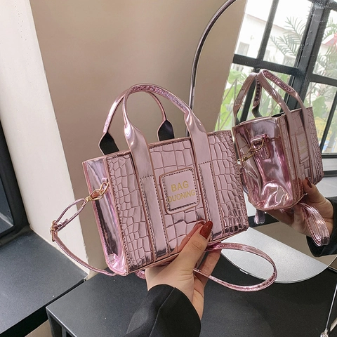 Mini Sac Fourre-Tout en Cuir PU Brillant Métallique Motif Crocodile Tendance de Rue Sac à Main Bandoulière pour Femme