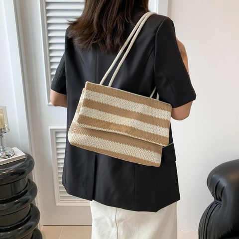 Dames Strorieten Gestreepte Schoudertas Grote Capaciteit Zomer Strand Tote Handtas Met Touw Riem Casual Flap Schoudertas