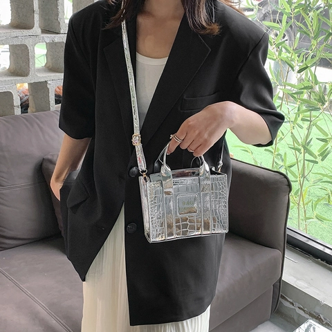 Mini Sac Fourre-Tout en Cuir PU Brillant Métallique Motif Crocodile Tendance de Rue Sac à Main Bandoulière pour Femme