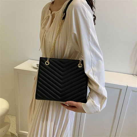Borsa Tote da Donna Trapuntata a V Grande Capacità in Pelle PU Borsa a Spalla Con Tracolla a Catena in Metallo