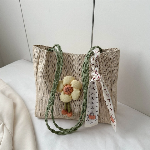 Damen Casual Stroh Gewebte Einkaufstasche Blumen Deko Seidentuch Stroh Handtasche Große Kapazität Sommer Strand Urlaub Schultertasche