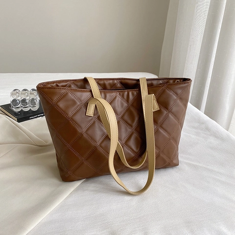 Große Kapazität Gesteppte Tote Bag Für Damen PU Leder Rauten Schultertasche Unterarm Pendeln Shopping Casual Handtasche