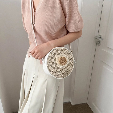 Borsa a Spalla Rotonda in Paglia Intrecciata da Donna Decorazione Margherita Boho Estate Spiaggia Borsa a Tracolla Casual Fodera in Nylon