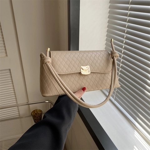 Borsa Sottobraccio Trapuntata Minimalista da Donna in Pelle PU Tinta Unita Borsa a Tracolla con Cinturino Annodato e Fibbia Dorata