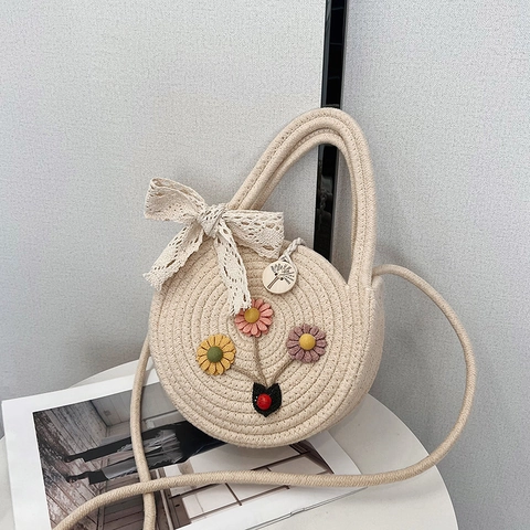 Damen Casual Baumwoll-Leinen Gewebte Umhängetasche Pastoraler Stil Spitzen-Schleife Blumen Handtasche Sommer Strand Reise Tasche