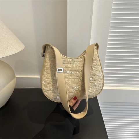 Borsa a Tracolla da Donna in Paglia Intrecciata Moda Ricamo Floreale Borsa Tote Secchiello per Spiaggia Vacanze Estive Quotidiana