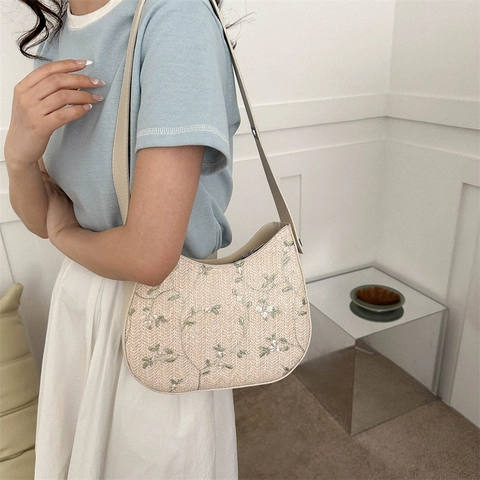 Borsa a Tracolla da Donna in Paglia Intrecciata Moda Ricamo Floreale Borsa Tote Secchiello per Spiaggia Vacanze Estive Quotidiana