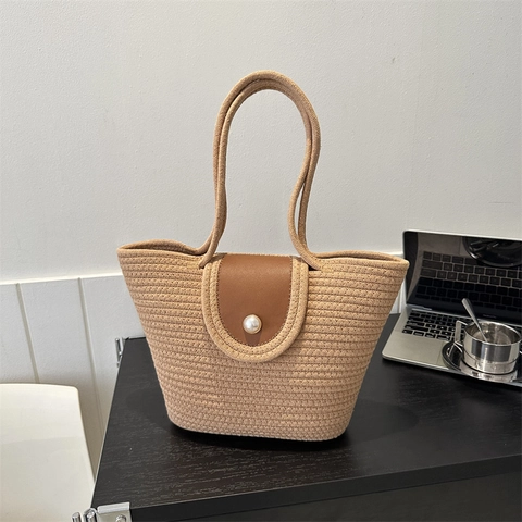Bolso Tote de Paja Tejida de Gran Capacidad para Mujer Bolso de Hombro para Playa de Verano Con Decoración de Perlas Bolso Casual