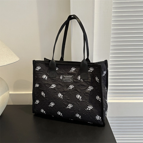 Damen Rosen Stickerei Leinwand Tote Bag Große Kapazität Lässige Jacquard Umhängetasche Pendler Mode Handtasche