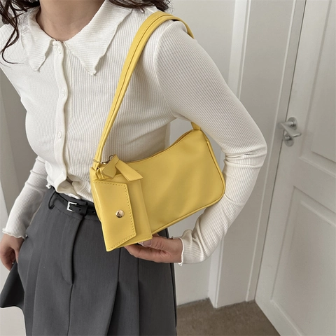 Damen Minimalistische Unterarmtasche PU Leder Abnehmbare Mini Pouch Candy Color Fashion Baguette Schultertasche Handtasche