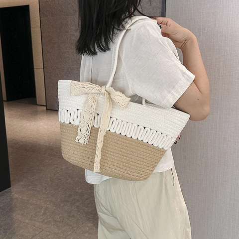Bolso Tote de Paja Tejido a Mano Verano Mujer Niche Bloque de Color Playa Bolso de Hombro Bolso Cesta Con Lazo Encaje