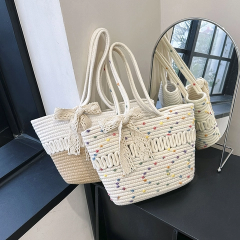 Bolso Tote de Paja Tejido a Mano Verano Mujer Niche Bloque de Color Playa Bolso de Hombro Bolso Cesta Con Lazo Encaje