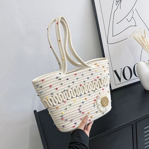 Sac à Épaule en Paille Tissé de Grande Capacité pour Femmes Sac Cabas pour Vacances à la Plage Avec Charme de Marguerite