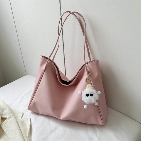 Women Large Capacity Soft PU Leather Tote Bag Casual Shoulder Bag With Plush Monster Pendant Fashion Minimalist Handbag