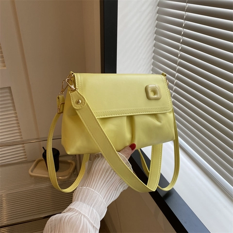Women Fashion PU Leather Pleated Shoulder Bag Simple Solid Color Square Crossbody Bag With Decorative Buckle Trendy Handbag