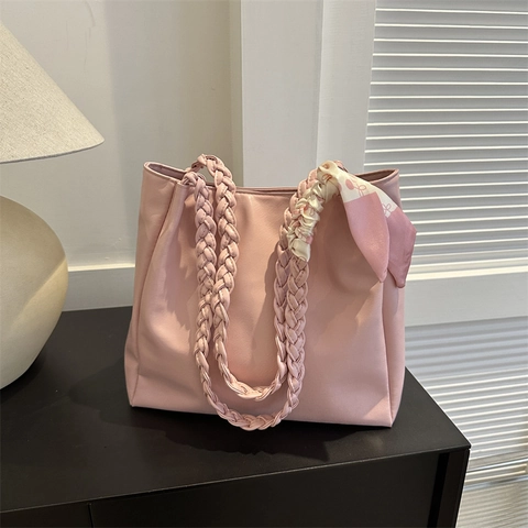 Damen PU Leder Tragetasche Mit Geflochtenem Griff Bedrucktem Schal Große Kapazität Minimalistisch Hahnentritt Umhängetasche