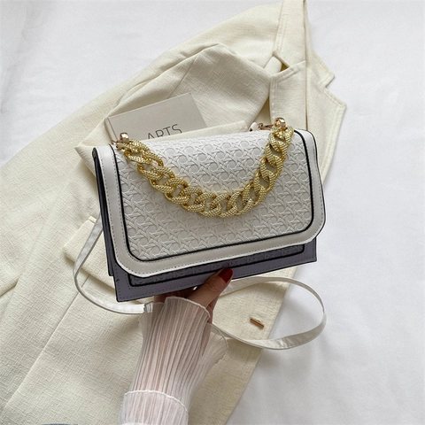Bolso Cuadrado Pequeño de Cuero PU Minimalista Urbano para Mujer Diseño de Bloques de Color Textura Geométrica Trenzada Bolso de Bandolera Cadena Oro