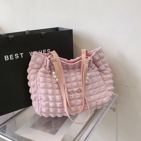 Bolso de Hombro de Gran Capacidad para Mujer Bolso Tote Coreano con Pliegues de Burbuja de Nailon con Cadena de Perlas Artificiales