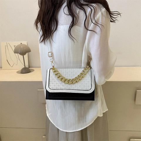 Bolso Cuadrado Pequeño de Cuero PU Minimalista Urbano para Mujer Diseño de Bloques de Color Textura Geométrica Trenzada Bolso de Bandolera Cadena Oro