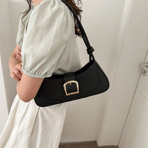 Damen PU-Leder Krokodilmuster Achseltasche Französischer Vintage Metallschnalle Umhängetasche Mode Baguette Handtasche Kleine Tasche