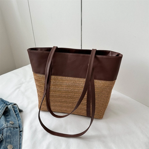 Dames Mode Patchwork Stroh Tote Tas Grote Capaciteit Kunstleer Schoudertas Casual Woon-werkverkeer Strand Handtas Voor Vakantie