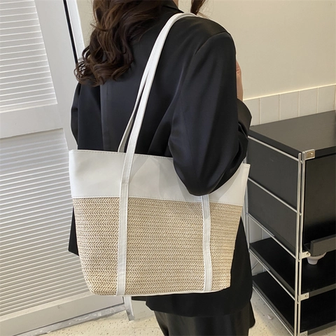 Dames Mode Patchwork Stroh Tote Tas Grote Capaciteit Kunstleer Schoudertas Casual Woon-werkverkeer Strand Handtas Voor Vakantie