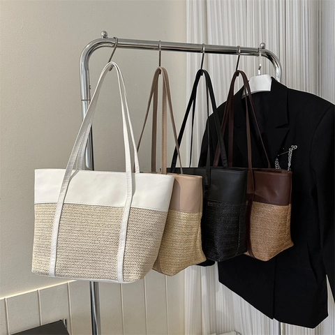 Women Stitched Straw Synthetic Leather Tote Bag Large Capacity Weaving Shoulder Bag For Summer Vacation Casual Daily Shopping