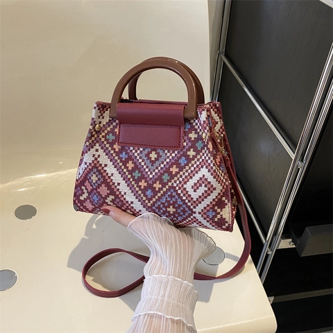 Damen Ethno Gewebte Schultertasche Vintage Geometrisches Muster Umhängetasche Mit Holzgriff Und Abnehmbarem Gurt Täglich Tasche