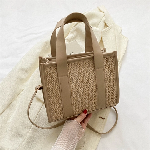 Women Casual Woven Cotton Tote Bag Urban Minimalist Small Square Shoulder Crossbody Bag With Nylon Lining Summer Vacation Purse