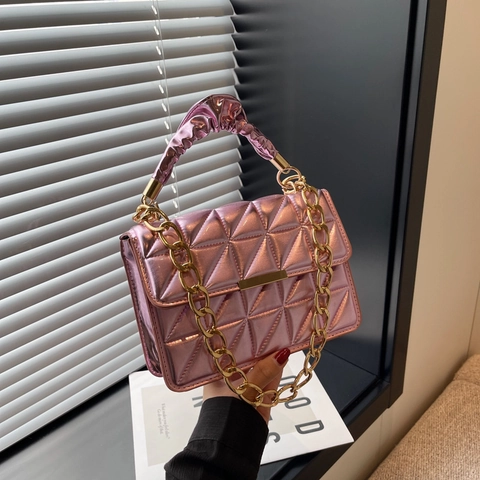 Borsa a Spalla Trapuntata a Rombi Donna in Pelle PU Metallizzata Con Manico Plissettato e Catena Dorata Piccola Borsa a Patta