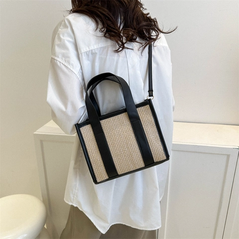 Women Casual Woven Cotton Tote Bag Urban Minimalist Small Square Shoulder Crossbody Bag With Nylon Lining Summer Vacation Purse