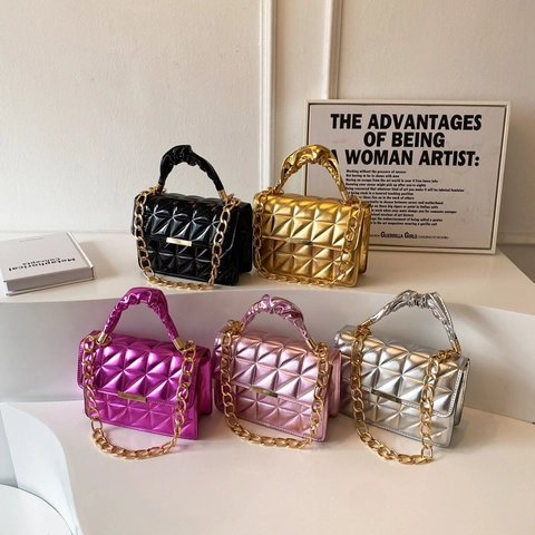 Borsa a Spalla Trapuntata a Rombi Donna in Pelle PU Metallizzata Con Manico Plissettato e Catena Dorata Piccola Borsa a Patta