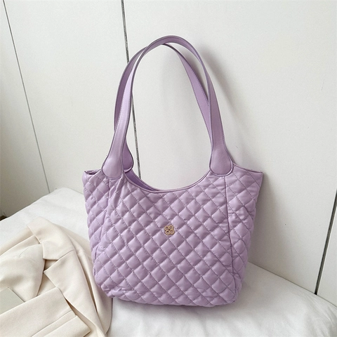 Dames Casual Gevoerde PU Lederen Tote Tas Grote Capaciteit Ruitpatroon Schoudertas Met Klaver Metalen Logo Handtas