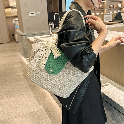 Sommer Strohgeflecht Tragetasche Für Damen Große Kapazität Schultertasche Mit Spitzenschleife Dekor Elegante Handgemachte Urlaub Handtasche