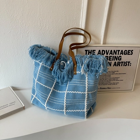Damen Große Kapazität Gewebte Gitter Tote Bag Mit Quasten Lässige Strick Schultertasche Segeltuch Pendeln Mode Handtasche