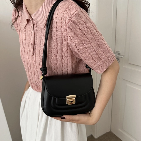 Elegante Borsa a Spalla da Donna in Pelle PU Piccola Quadrata Stile Coreano Tinta Unita Borsa a Tracolla Con Serratura in Metallo