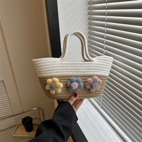 Borsa a Mano in Paglia Intrecciata di Grande Capacità per Donna Con Decorazioni Floreali Patchwork Borsa a Tracolla Casual
