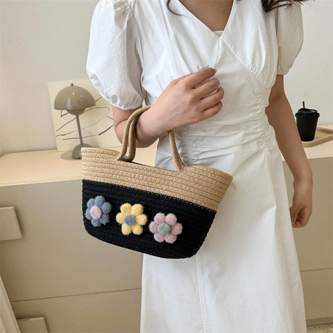 Borsa a Mano in Paglia Intrecciata di Grande Capacità per Donna Con Decorazioni Floreali Patchwork Borsa a Tracolla Casual
