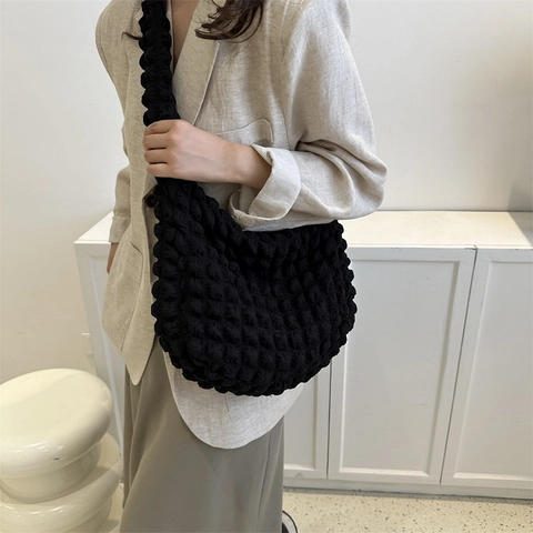 Bolso de Hombro con Pliegues Popcorn Bubble para Mujer Nailon Color Sólido Minimalista Bolso de Axila Moda Hobo Bolso de Mano Casual