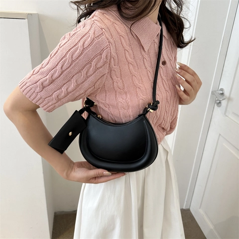 Bolso de Hombro Hobo de Media Luna de Cuero PU para Mujer Con Bolsa Minimalista Color Sólido de Axila Correa con Nudo Elegante
