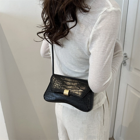 Damen Krokodil Prägung Achseltasche Vintage Kunstleder Schultertasche Gold Metallschnalle Mode Baguette Tasche Umhängetasche