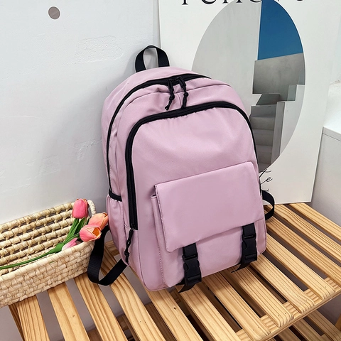 Mochila de Nailon de Gran Capacidad para Hombre Mujer Mochila Escolar Minimalista Coreana Color Sólido Viaje Daypack Con Hebilla