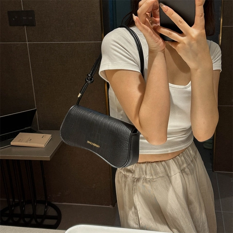 Sac Sous le Bras en Cuir PU Gaufré Crocodile pour Femmes Bandoulière Nouée Mode Minimaliste Urbain Sac à Main Navette