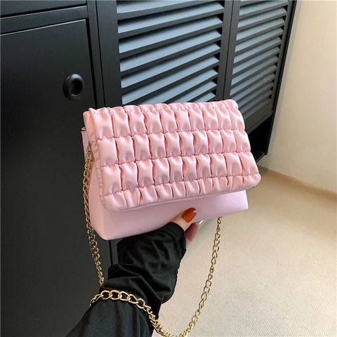 Bolso de Hombro Fruncido Minimalista Urbano para Mujer Cuero PU Acolchado Bolso Pequeño Cuadrado Cruzado Con Cadena Dorada Moda